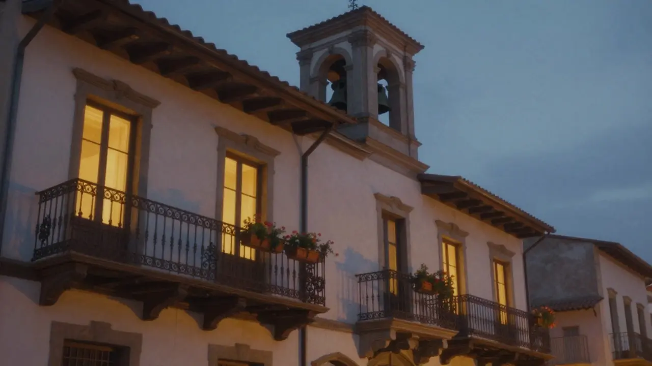 Close-up of an Italianate townhouse with arched windows, decorative brackets, and a bell tower at dusk.