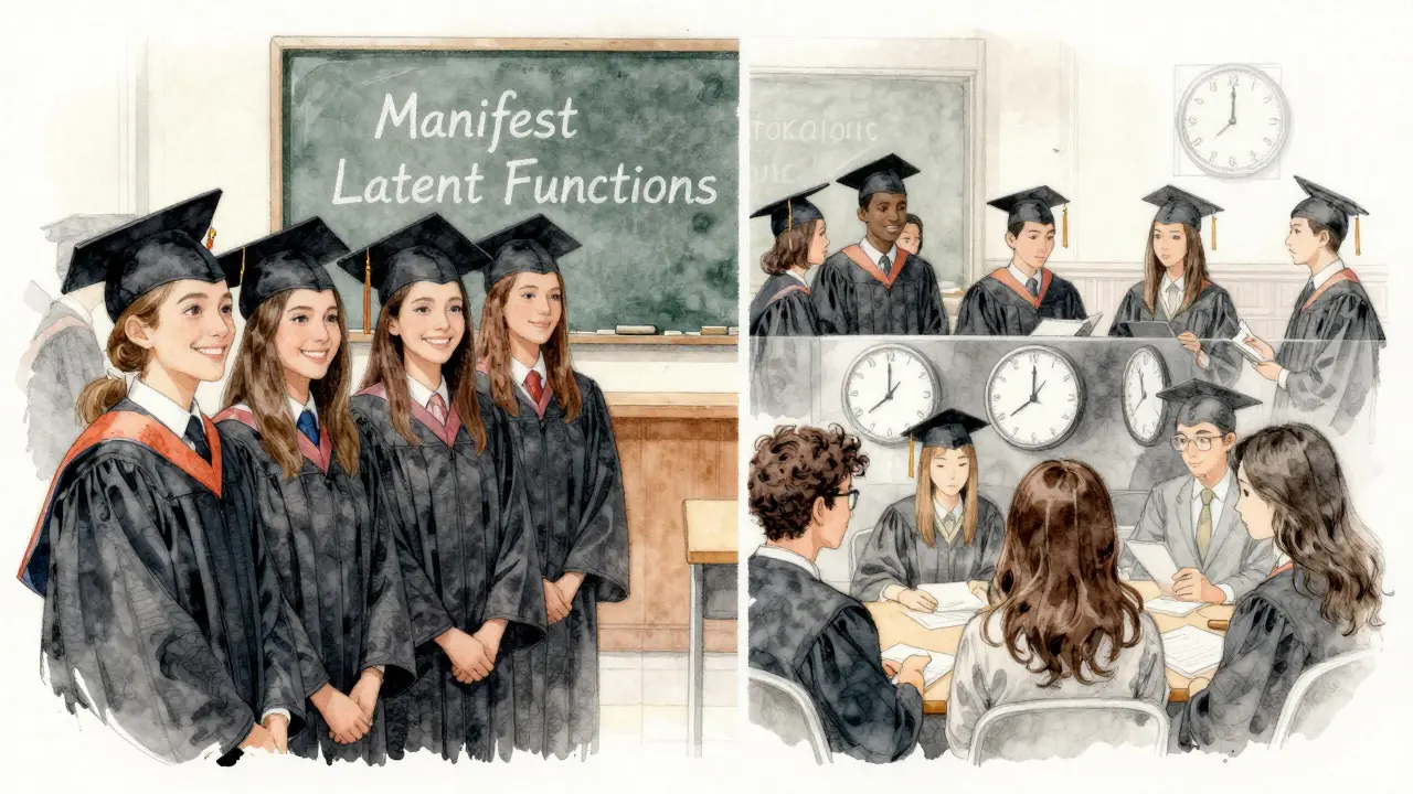 Graduation ceremony on one side, hidden social functions revealed on the other, illustrated in watercolor and ink.