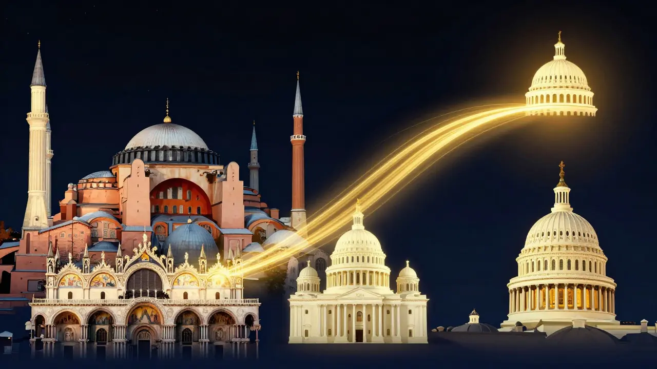 Silhouettes of iconic domes connected by golden light, symbolizing Byzantine influence across centuries.