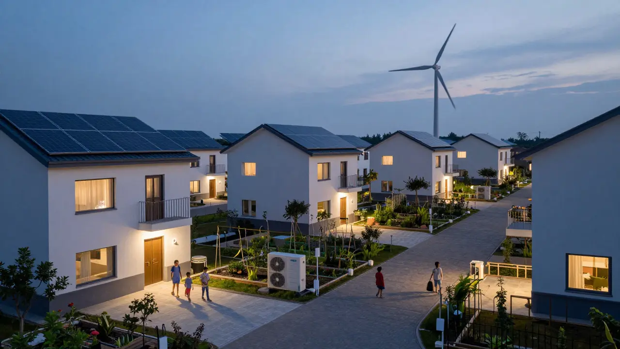 Sustainable neighborhood at dusk with solar panels, cool roofs, and community garden under twilight sky.