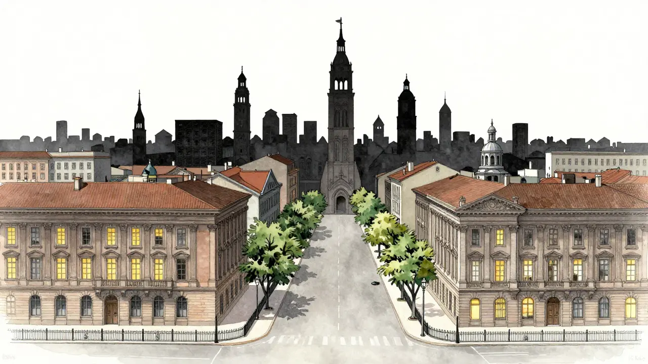 Watercolor skyline showing the rise of Italianate towers transforming a flat cityscape into a rhythmic urban whole.