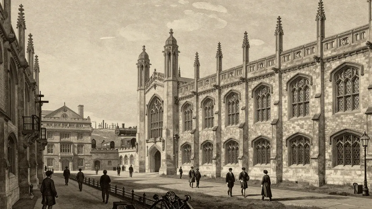 19th-century British university campus with pointed arches, cloisters, and steam trains in the distance.