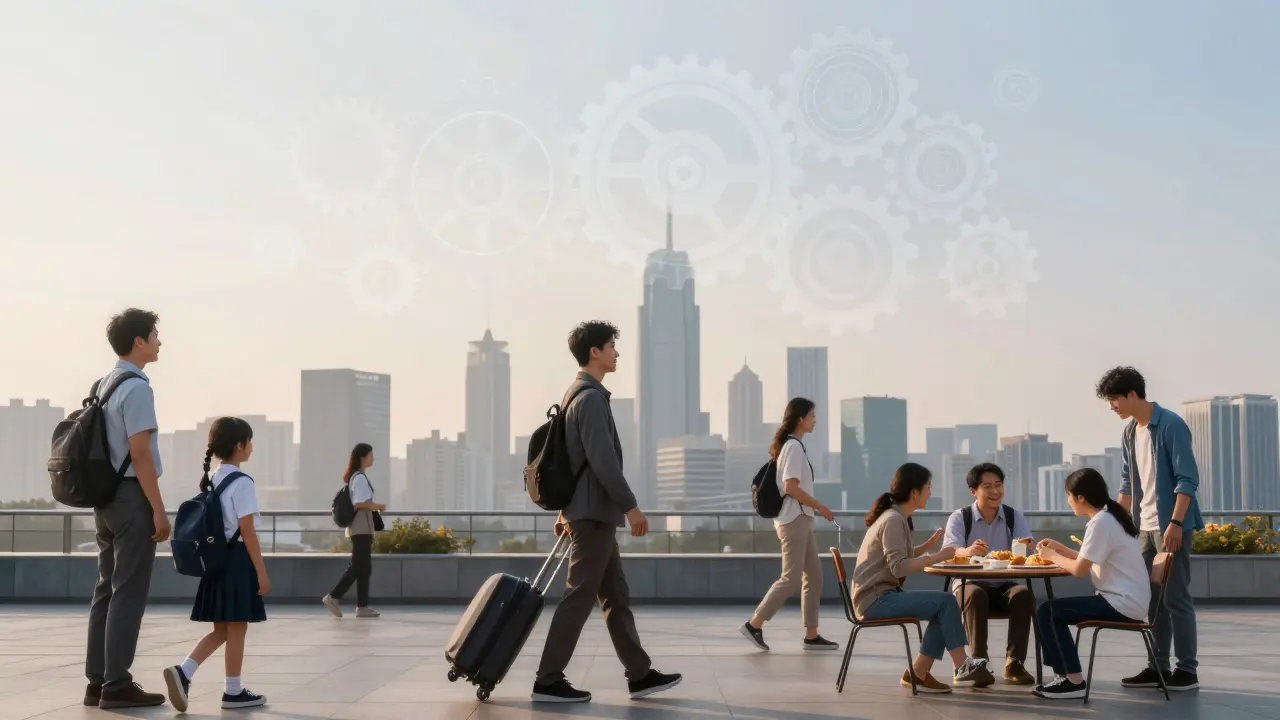 A city at dawn with people engaged in daily rituals under invisible social gears