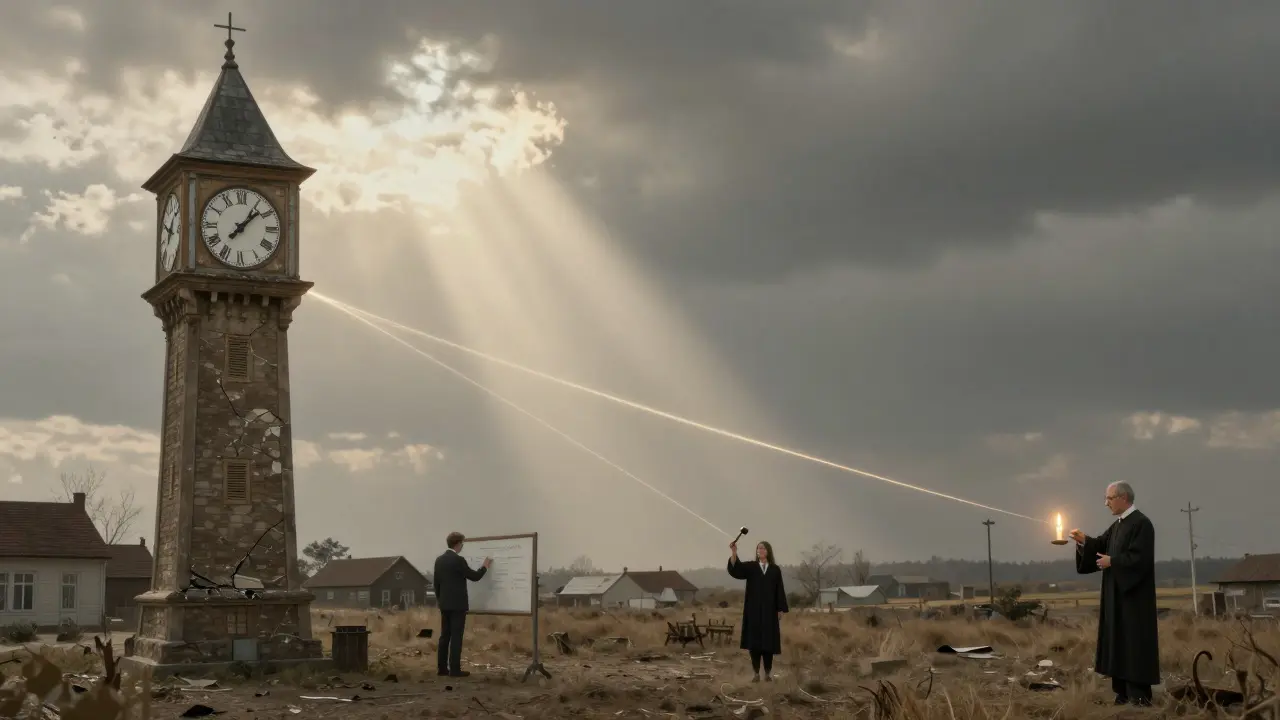 A frozen clocktower sending glowing threads to active societal functions