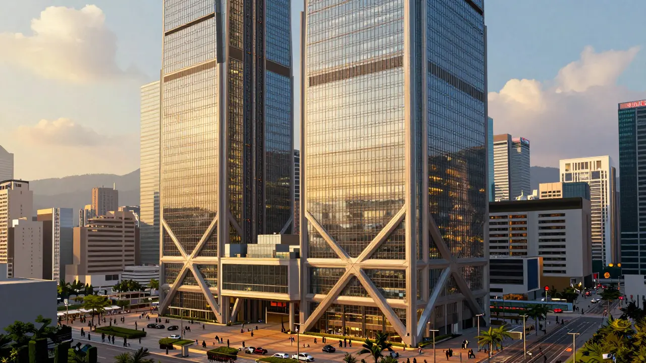 HSBC Building in Hong Kong showing its steel exoskeleton and open plaza below.