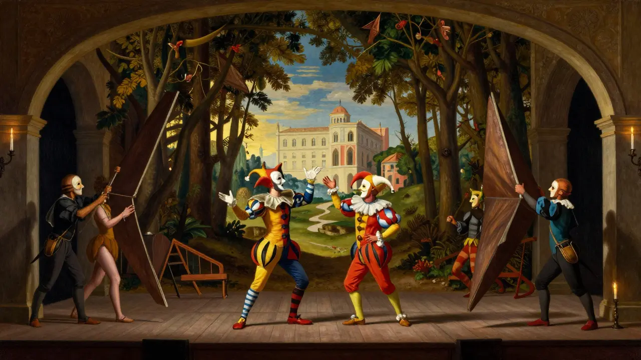 Italian Renaissance stage with painted backdrop and Commedia dell’arte actors in masks performing.