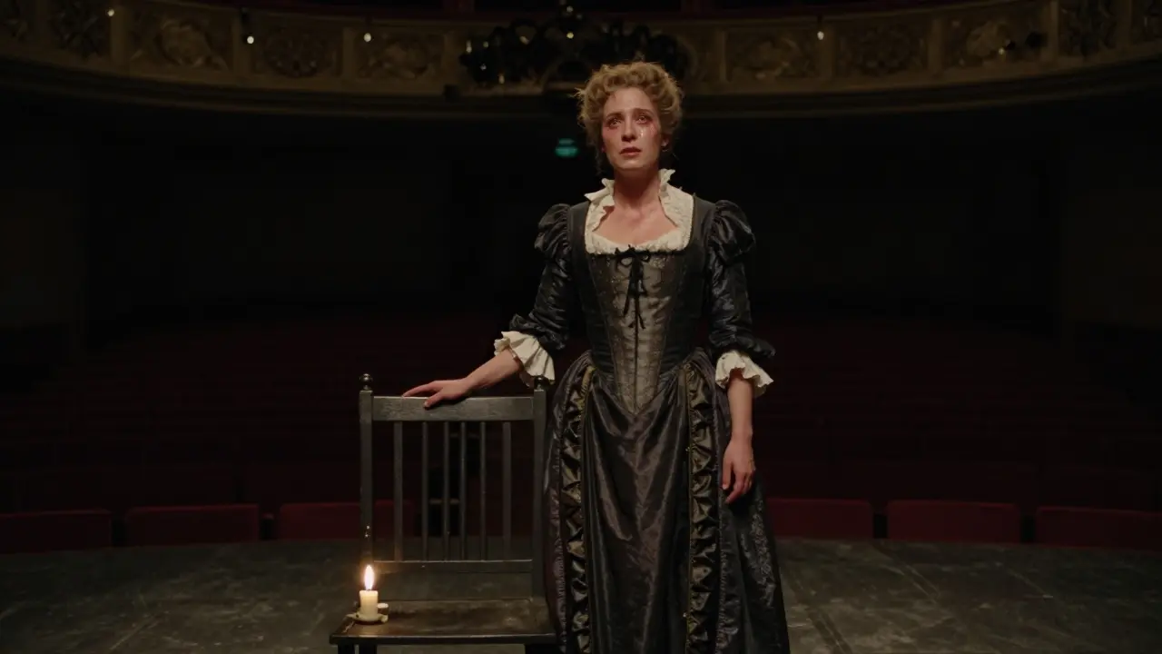 Margaret Hughes in Desdemona costume standing alone in a dim theatre, holding emotional weight.