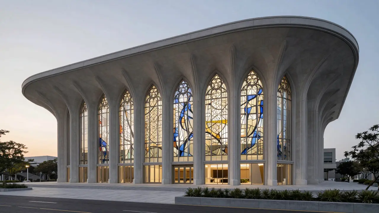 Modern building with Gothic-inspired rooflines and stained-glass-like panels bathed in dawn light.