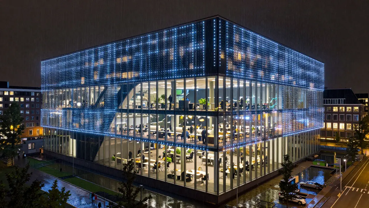 The Edge in Amsterdam glowing with smart sensors and adaptive lighting at night.