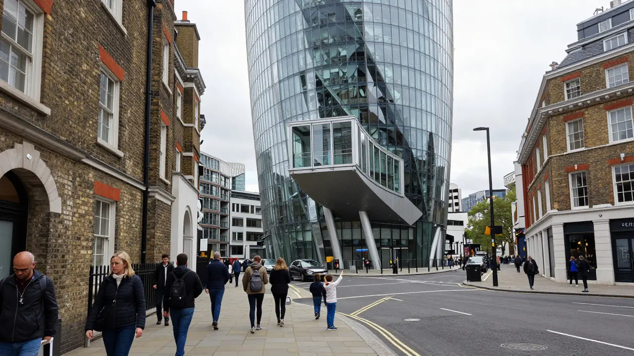 A London street where a deconstructivist tower contrasts with Victorian buildings, people walking on tilted sidewalks.