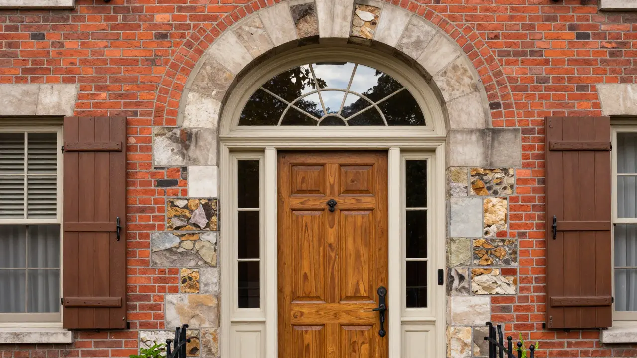 Close-up of historic facade showing arched window and Flemish bond brick