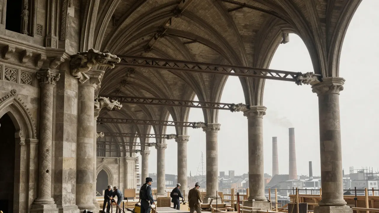 Construction site blending medieval stonework with iron trusses under a vaulted ceiling, smokestacks in distance.