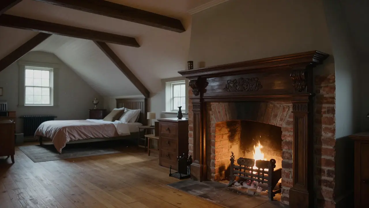 Cozy interior with brick fireplace, hardwood floors, and high ceilings