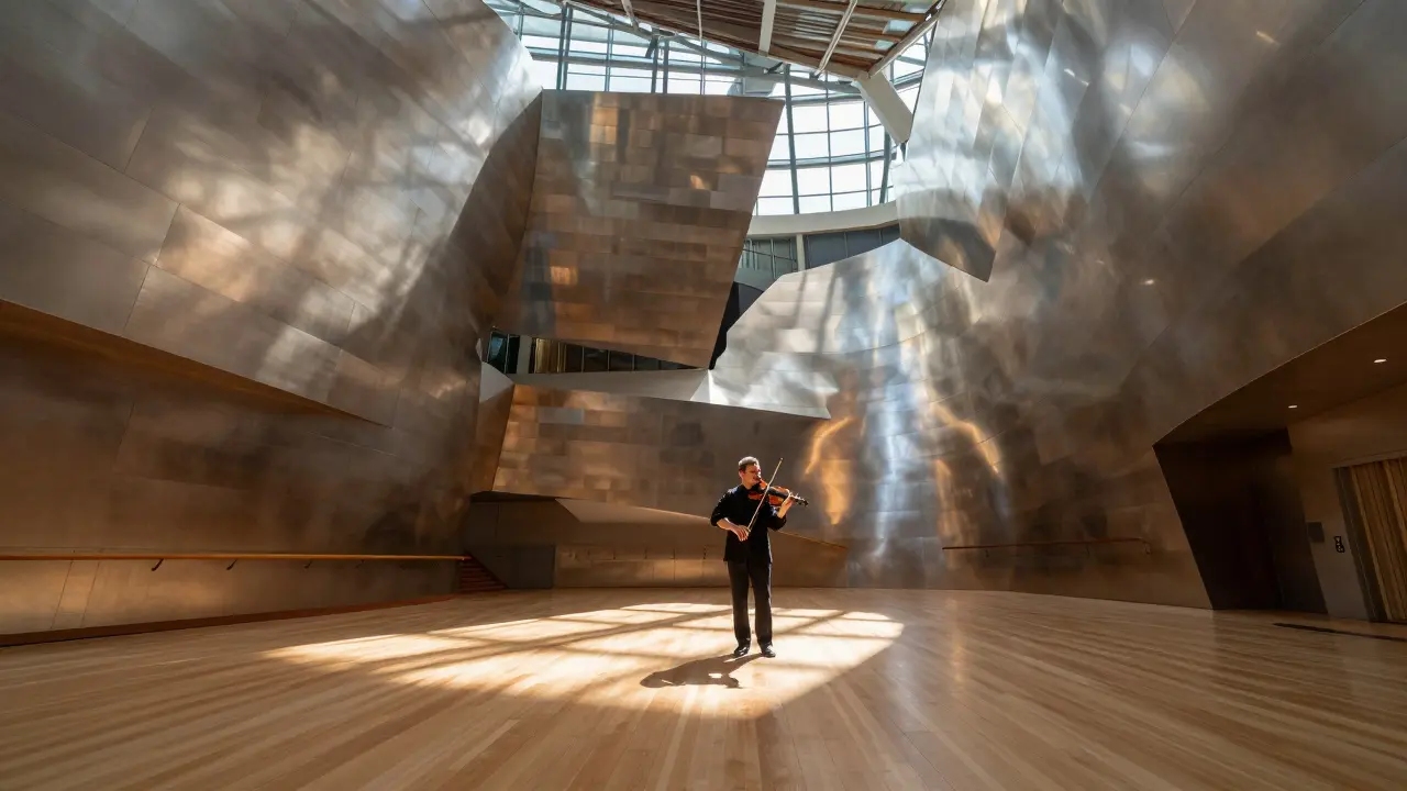 Inside the Walt Disney Concert Hall, curved metal walls reflect sunlight onto wooden floors with a violinist on stage.