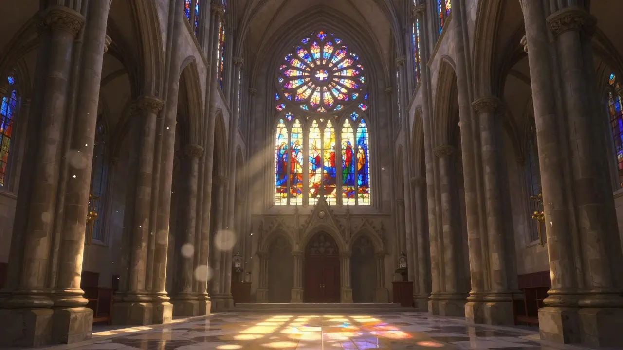 Interior of a Gothic Revival church bathed in colored light from a massive stained glass rose window.