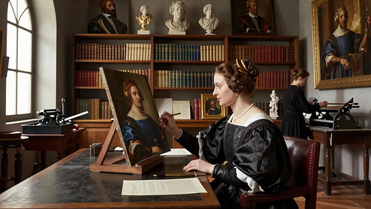 Lavinia Fontana painting Pope Clement VIII in her studio, with apprentices and commissioned artworks around her.