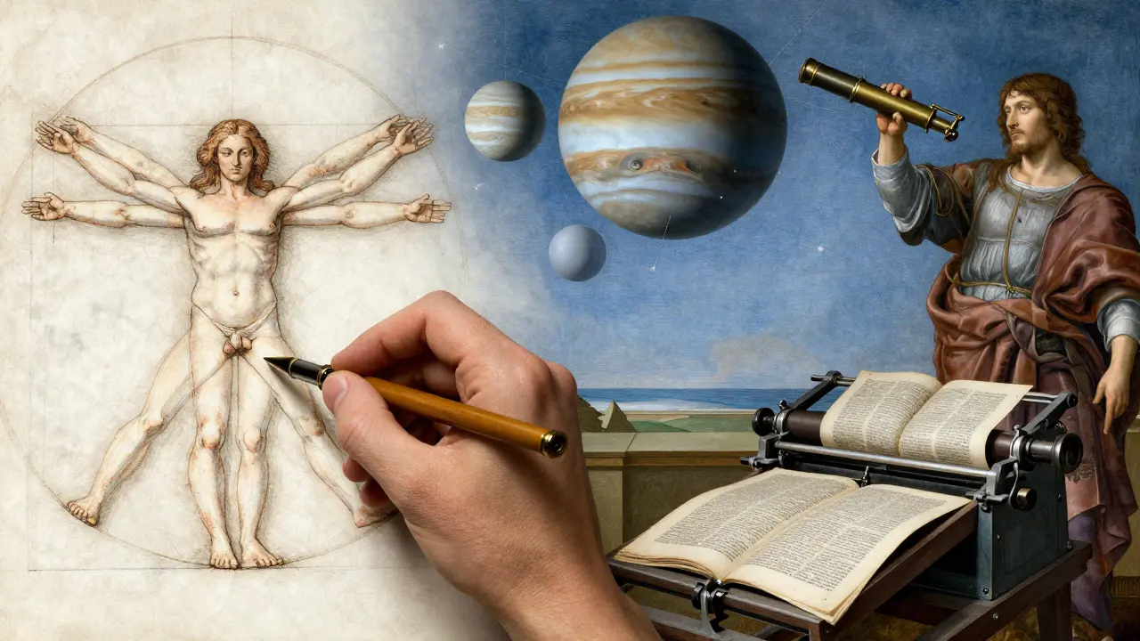 Leonardo da Vinci sketching the Vitruvian Man alongside a telescope and printing press, symbolizing art and science.