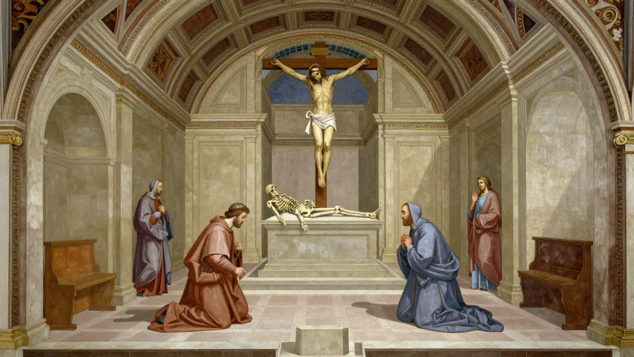 Masaccio's 'Holy Trinity' fresco shows a receding chapel with vanishing point and realistic shadows.