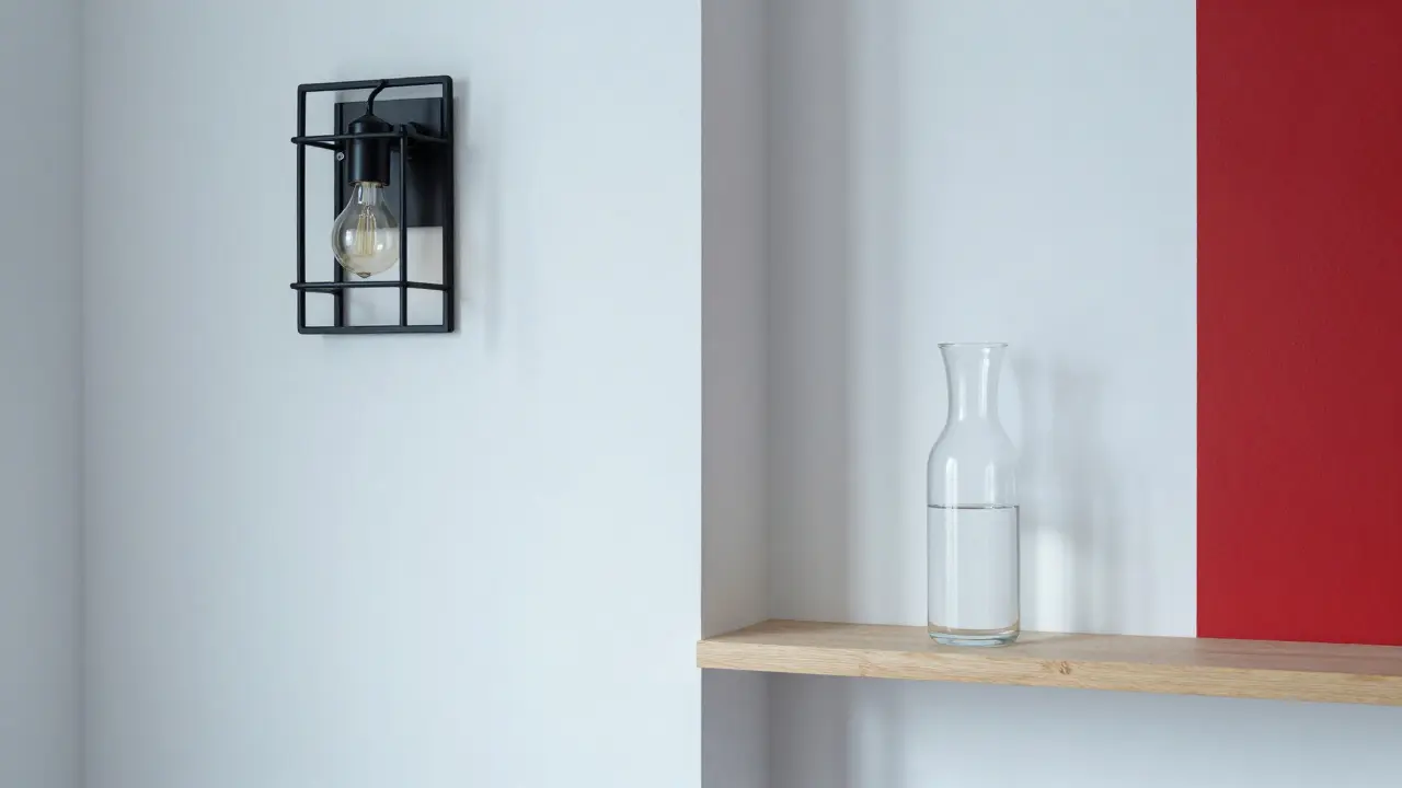 Modern apartment with Bauhaus-inspired elements: metal lamp, glass carafe, and red accent wall.