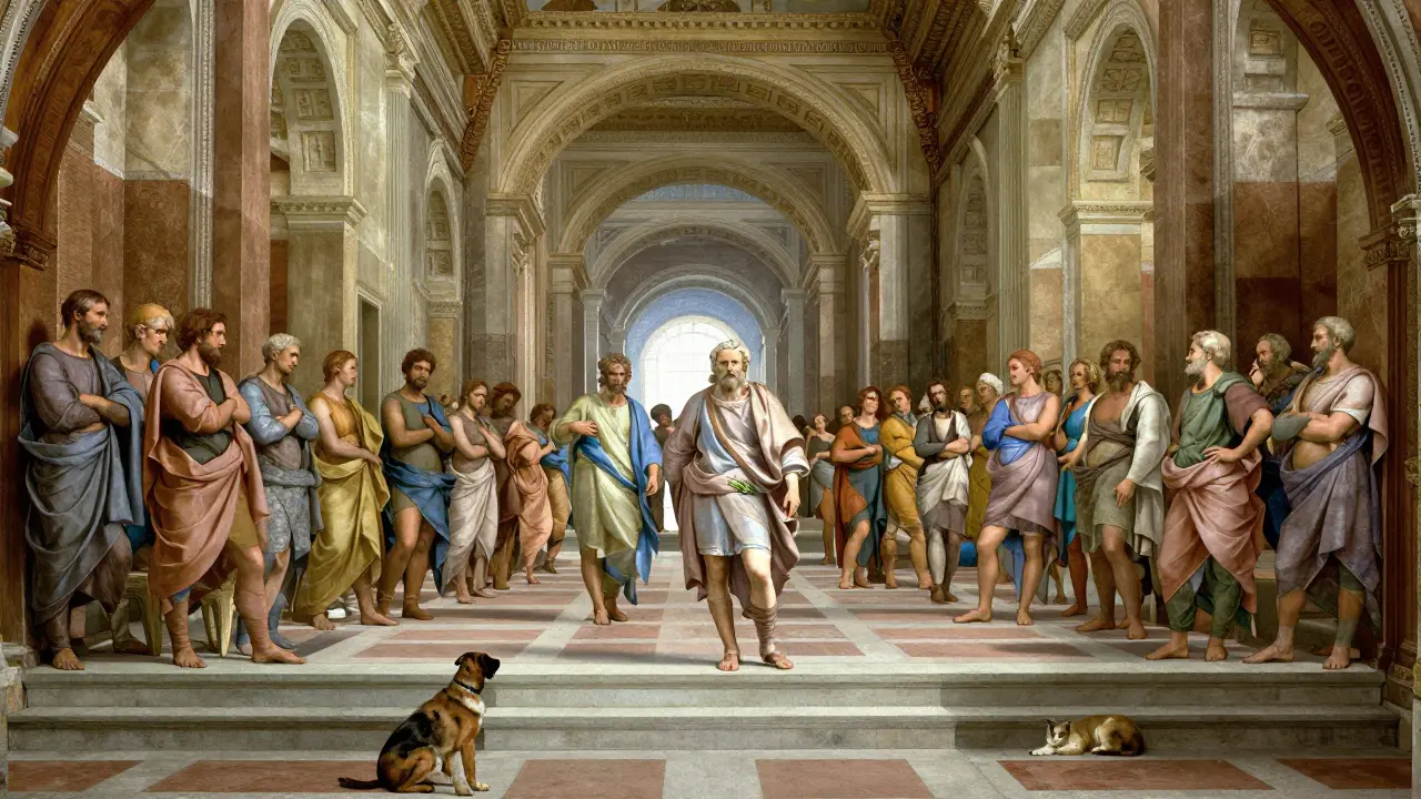 Raphael's 'School of Athens' features a grand architectural hall with converging lines drawing the eye to Plato and Aristotle.