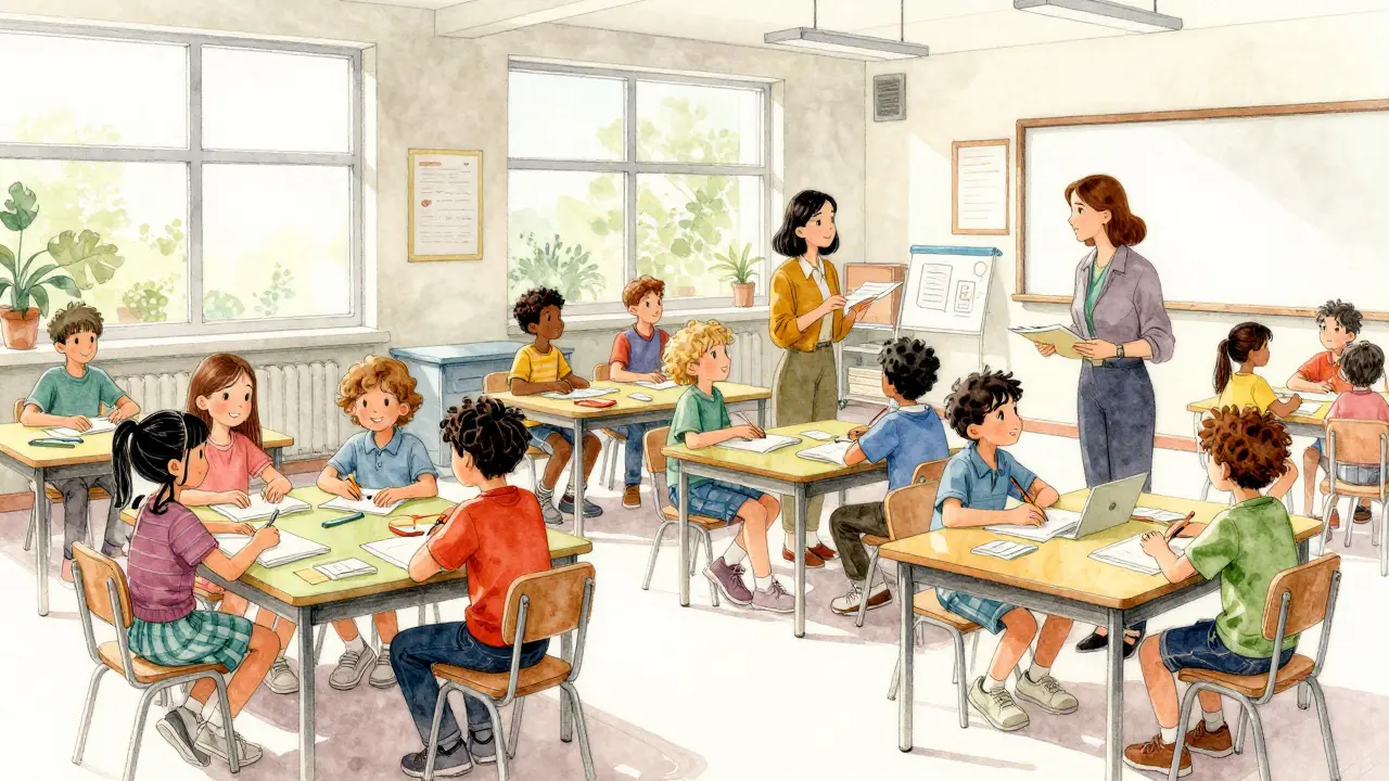 Students collaborating in classroom demonstrating social learning functions