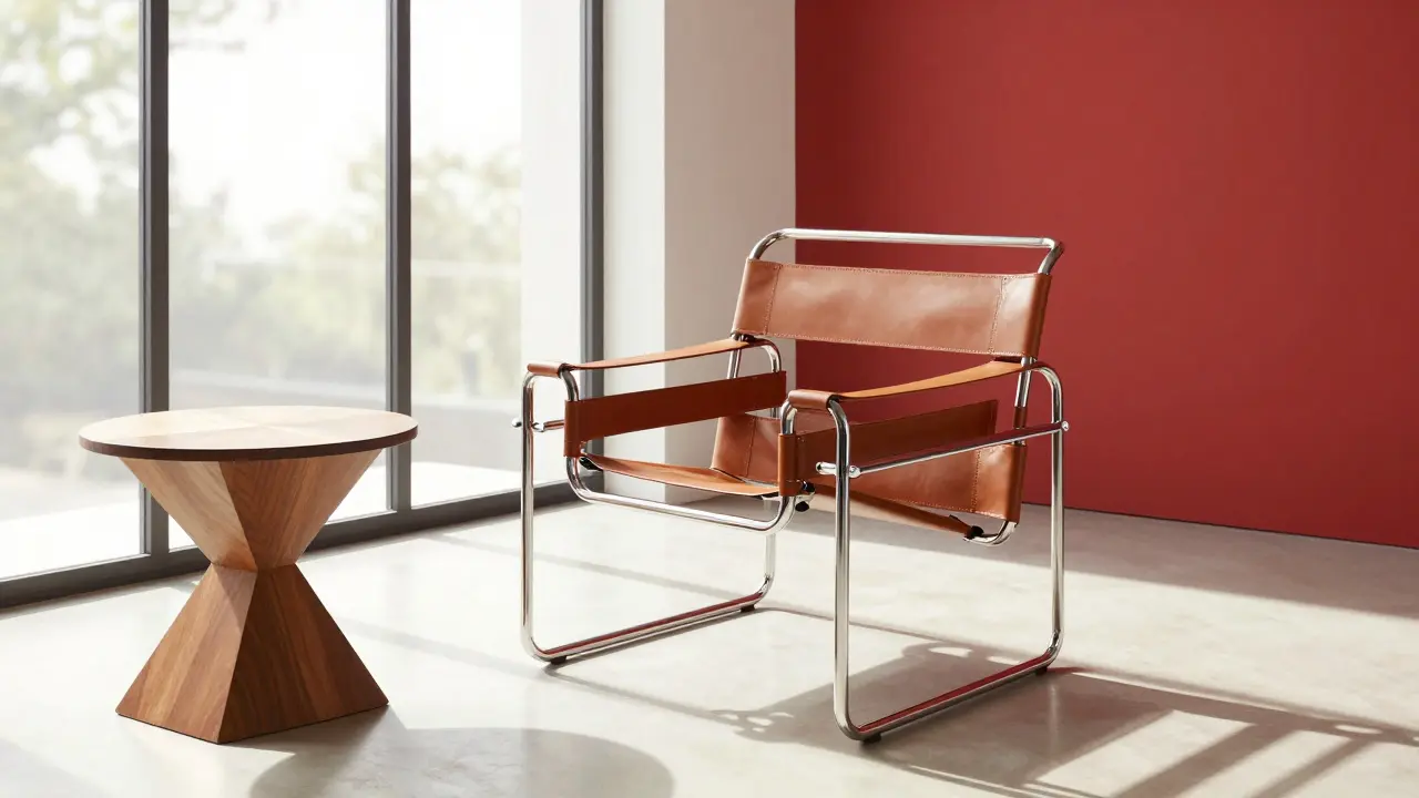Wassily Chair in a minimalist studio with steel frame, leather seat, and red accent wall.