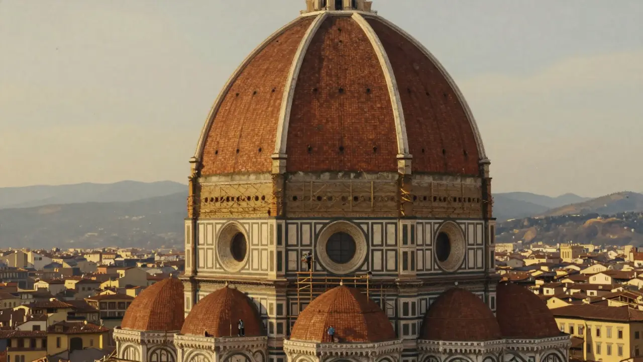 Workers constructing Brunelleschi's dome of Florence Cathedral with herringbone brickwork under golden light.