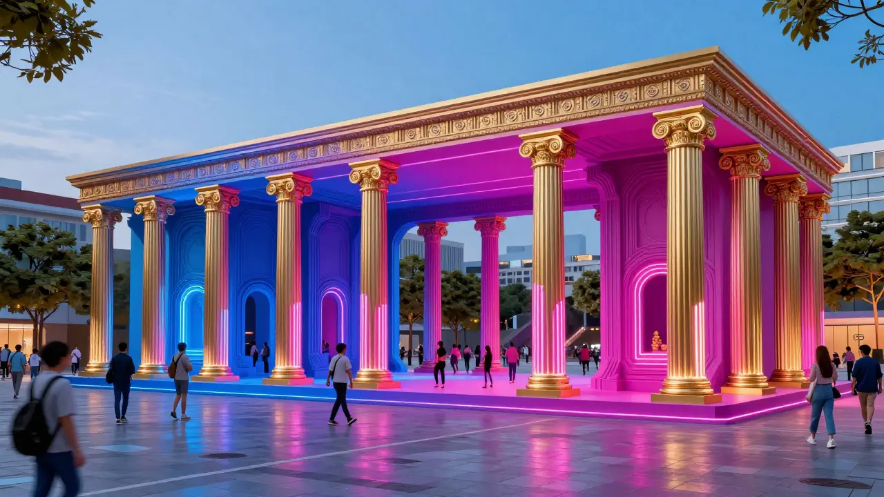 A futuristic plaza combining neon-lit Roman columns and 3D-printed architecture.