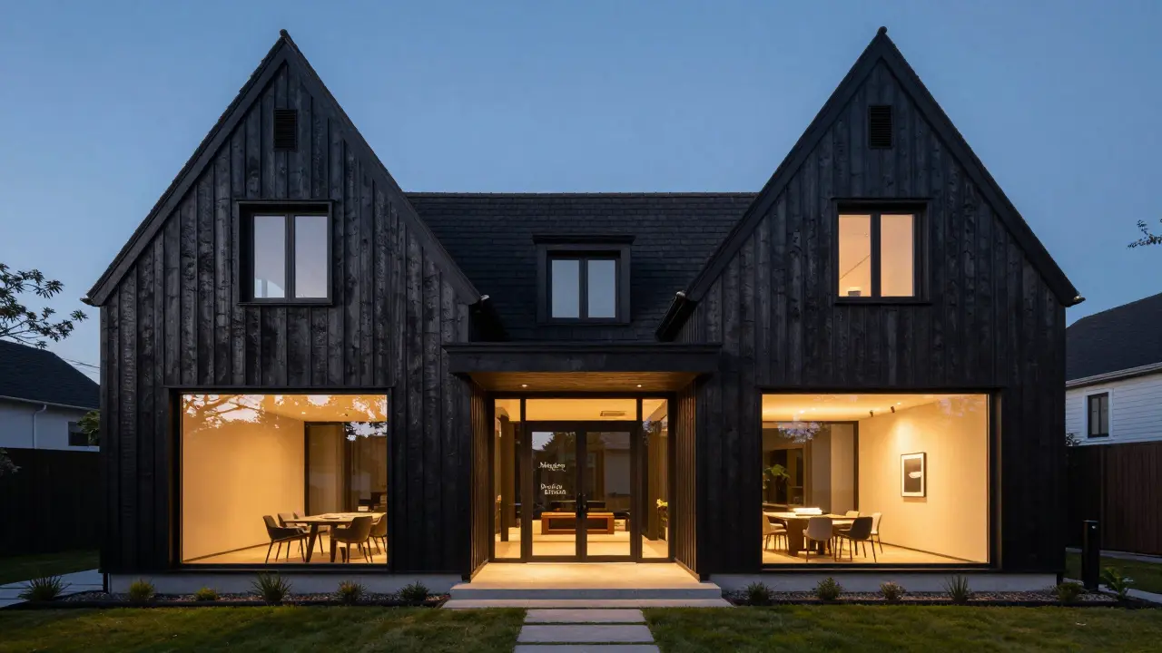 A modern interpretation of a Dutch Colonial house with charred black wood siding and large glass walls.