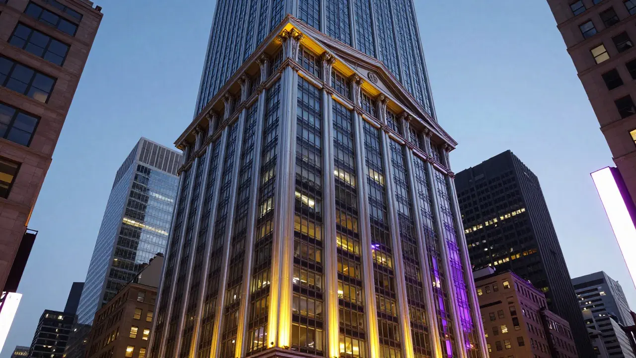 A postmodern skyscraper with a decorative furniture-style roof at dusk.