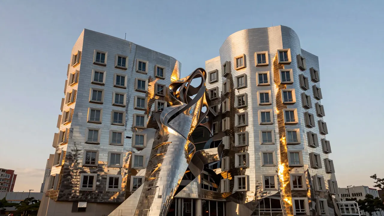 A shimmering, twisting titanium building with fragmented, sculptural geometry at sunset.