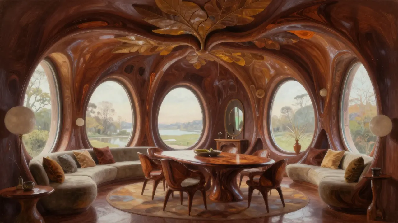 An organic interior room where furniture and walls flow together in a unified design.