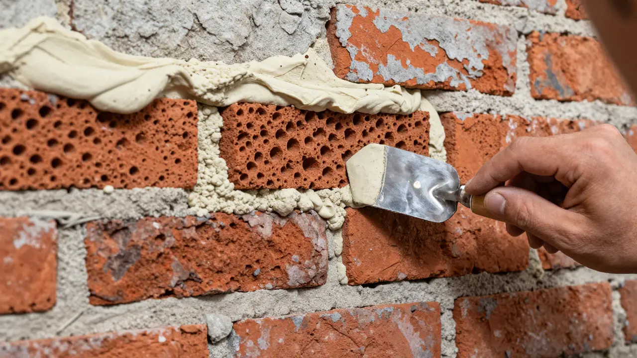 Close-up of a hand applying traditional lime mortar to a porous red brick heritage wall.