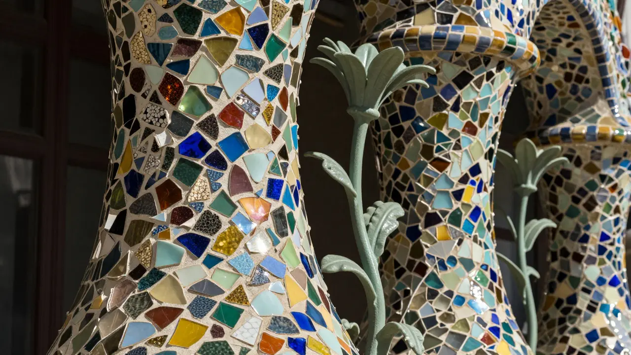Close-up of colorful ceramic mosaics and floral wrought iron architectural details.