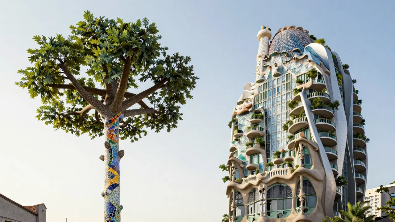 Comparison between a Gaudí-style organic column and a modern biophilic building.