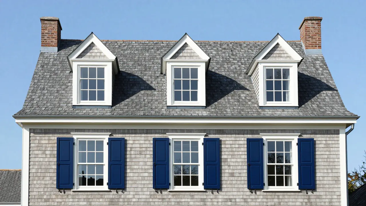 Detail of a Dutch Colonial home showing its symmetrical windows, cedar shingles, and dormer windows.