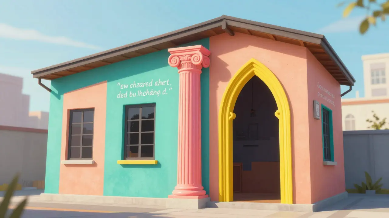 Eclectic building featuring a neon Greek column and a colorful Gothic arch in a playful style.