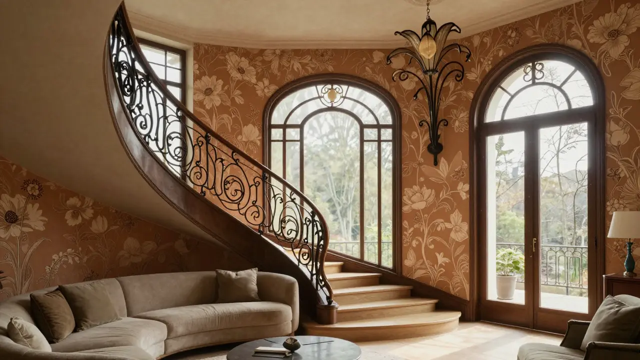 Interior of an Art Nouveau room with a whiplash-curve staircase and floral decorations.