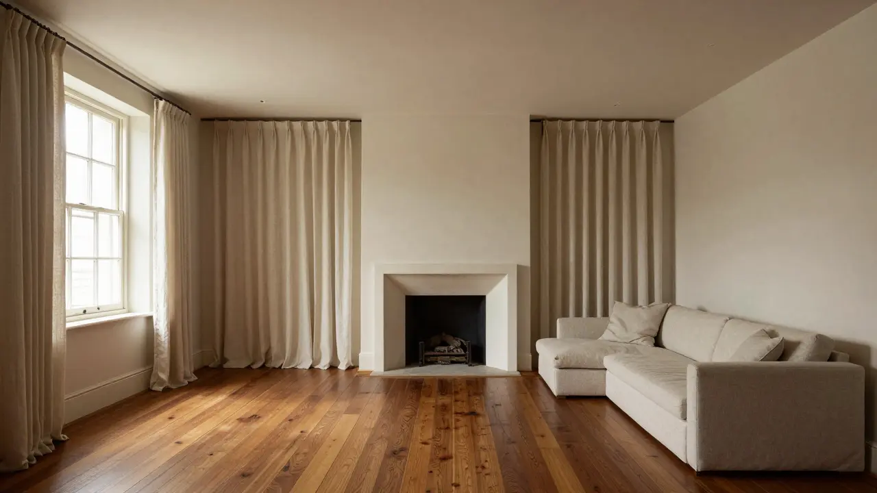 Modernized colonial interior with wide pine floors, a historic fireplace, and contemporary furniture.