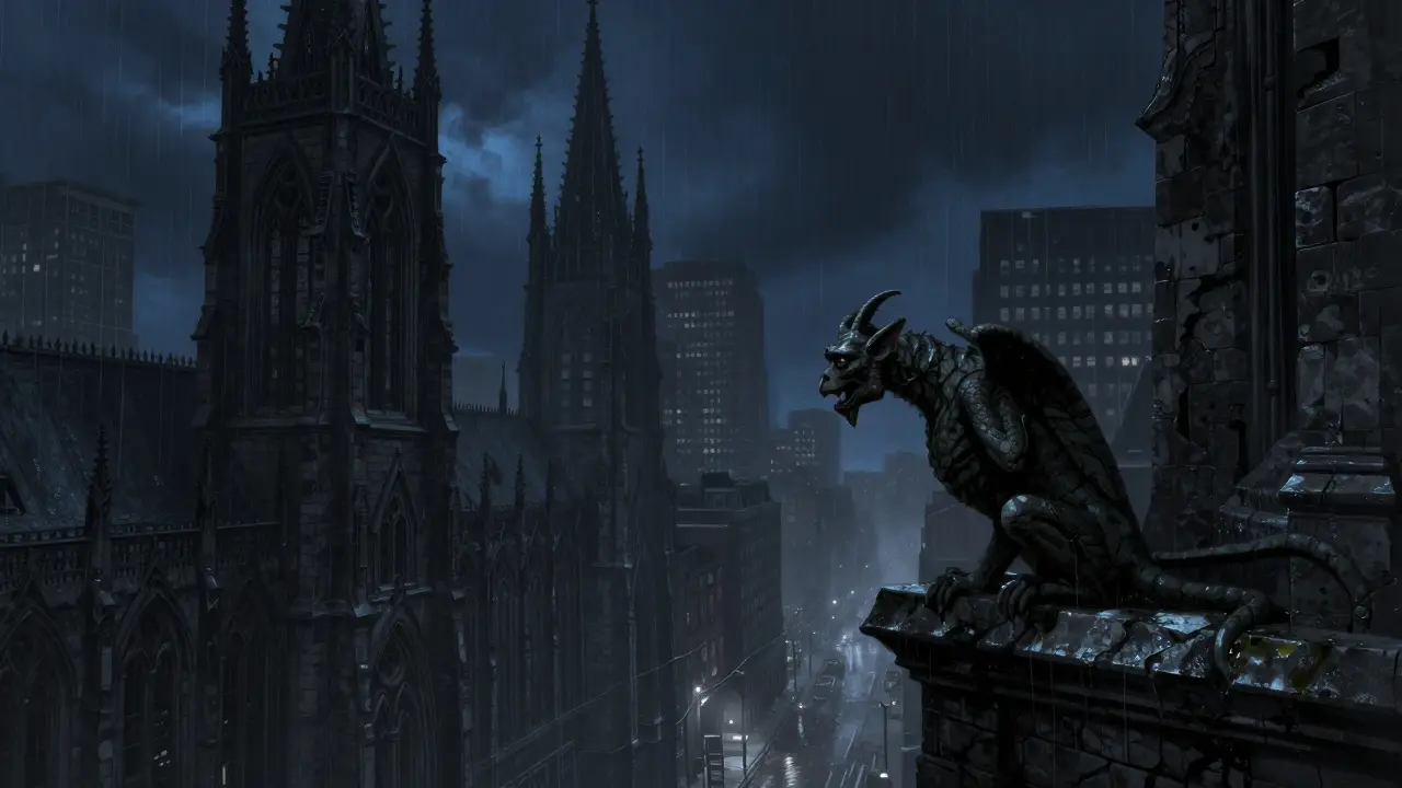 Neo-Gothic city skyline at night with a stone gargoyle perched on a high ledge in the fog.