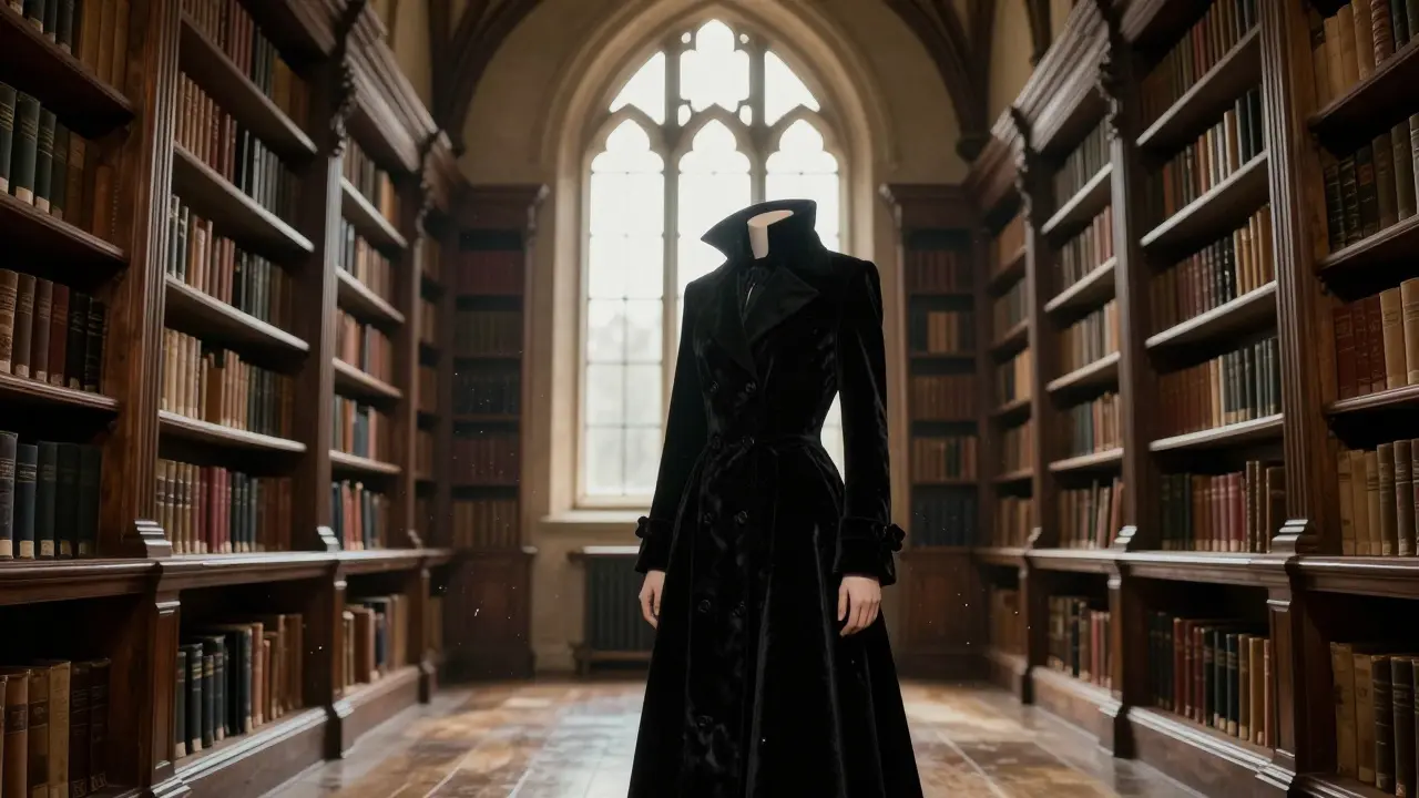 Person in gothic fashion standing in an old university library with a pointed window.