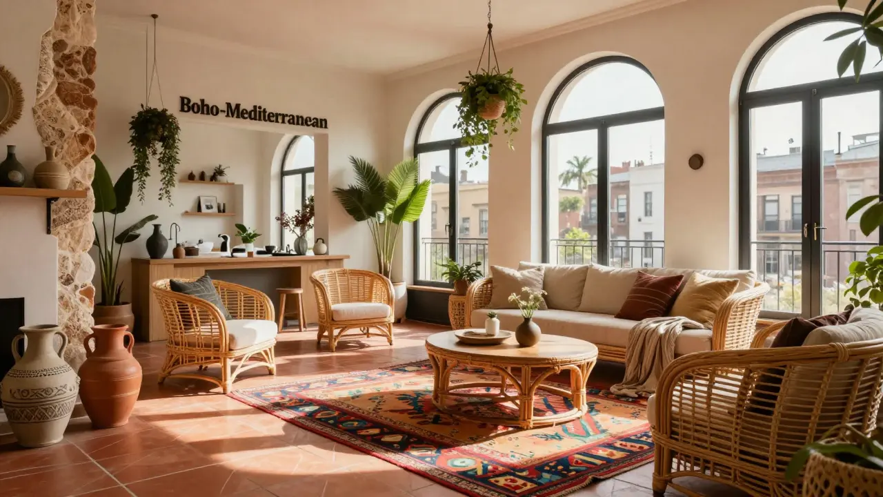 Boho-Mediterranean interior with rattan furniture, tiles, and warm natural lighting