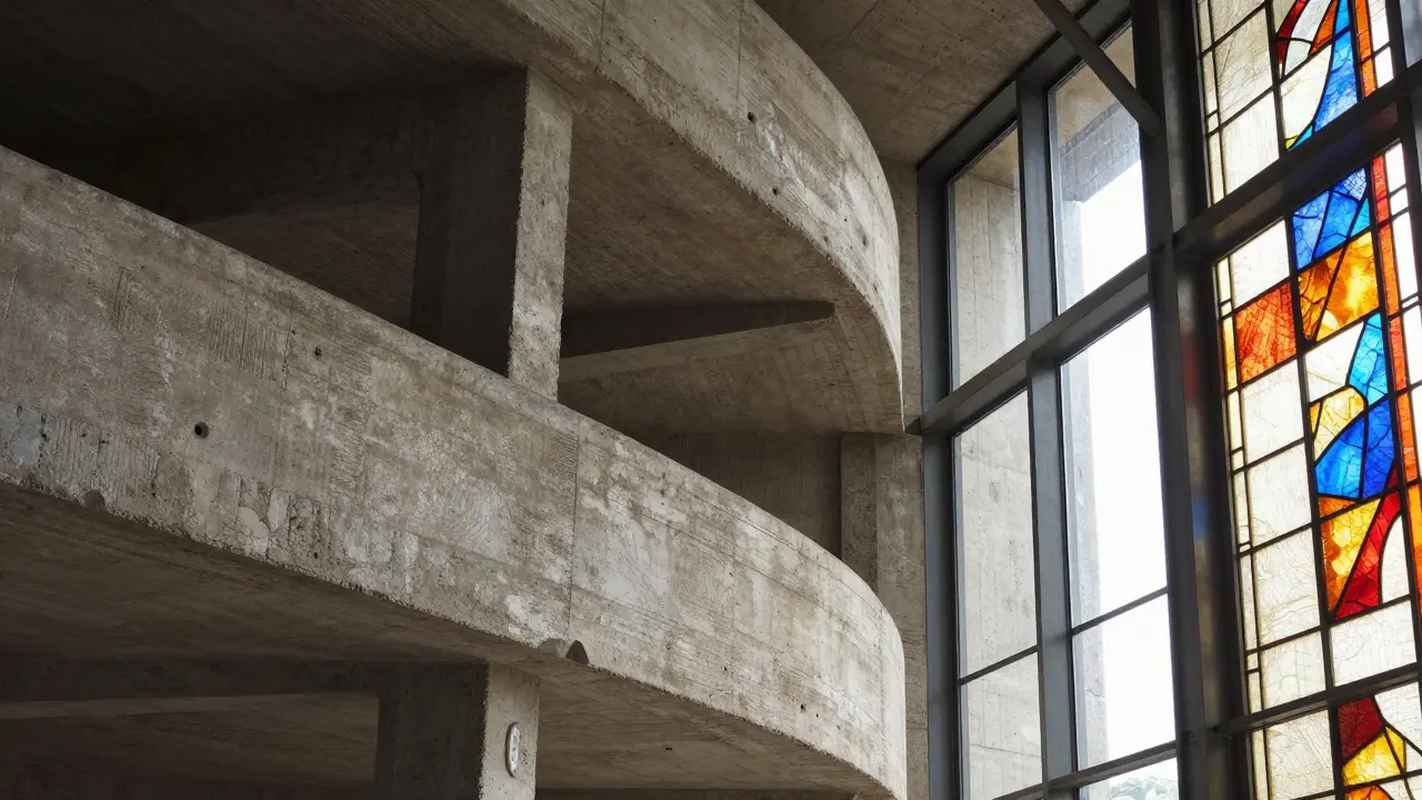 Close-up of rough concrete, exposed steel, and colored glass in Expressionist style