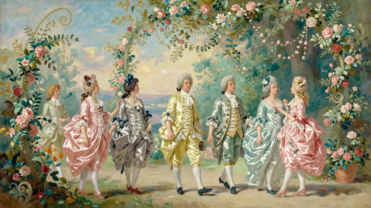 Elegant figures in silk dresses strolling through a dreamlike garden with floral motifs in oil painting style.