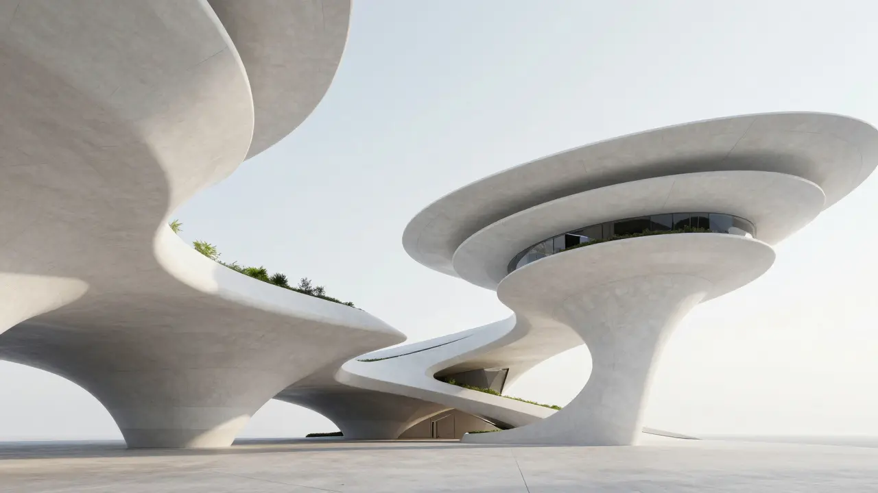 Flowing parametric architectural structure with organic curves and greenery