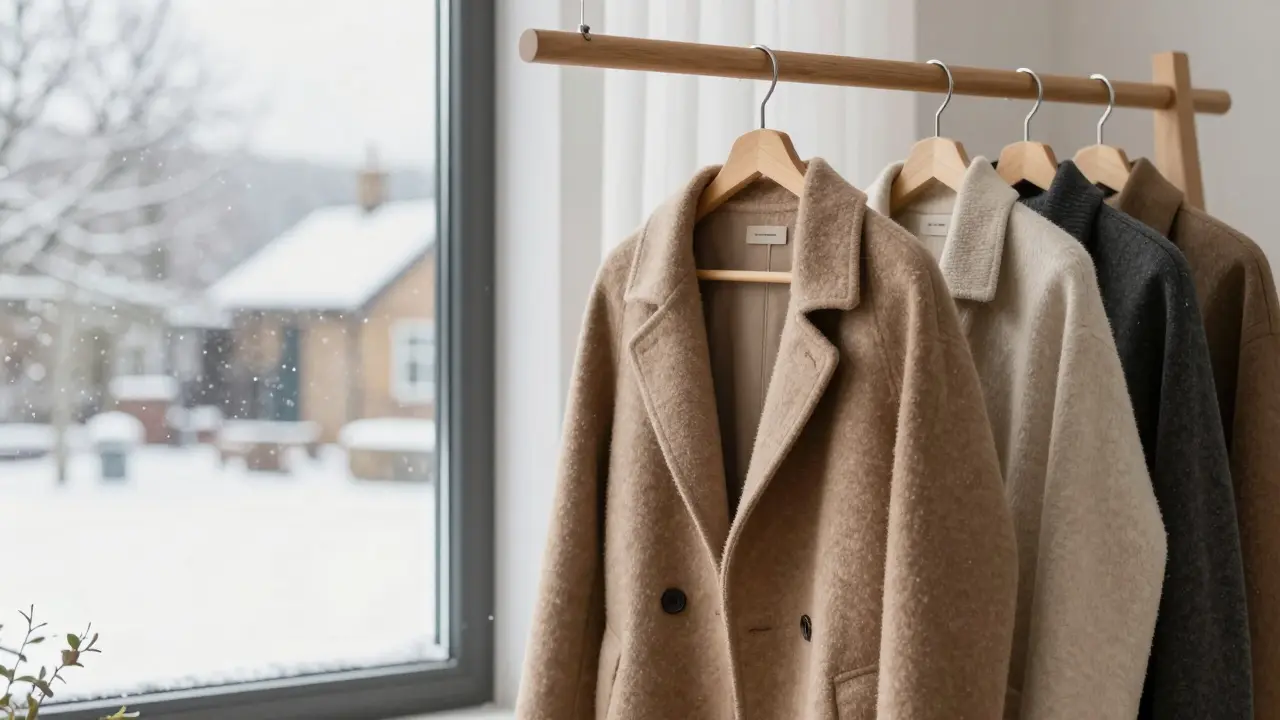 Minimalist wardrobe with quality coats near a snowy window view