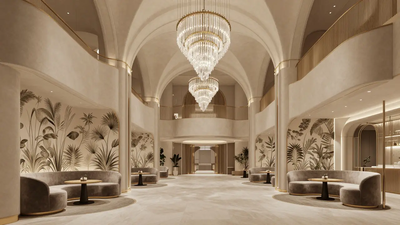 Modern luxury interior featuring curved partitions, crystal lighting, and velvet seating inspired by Rococo.