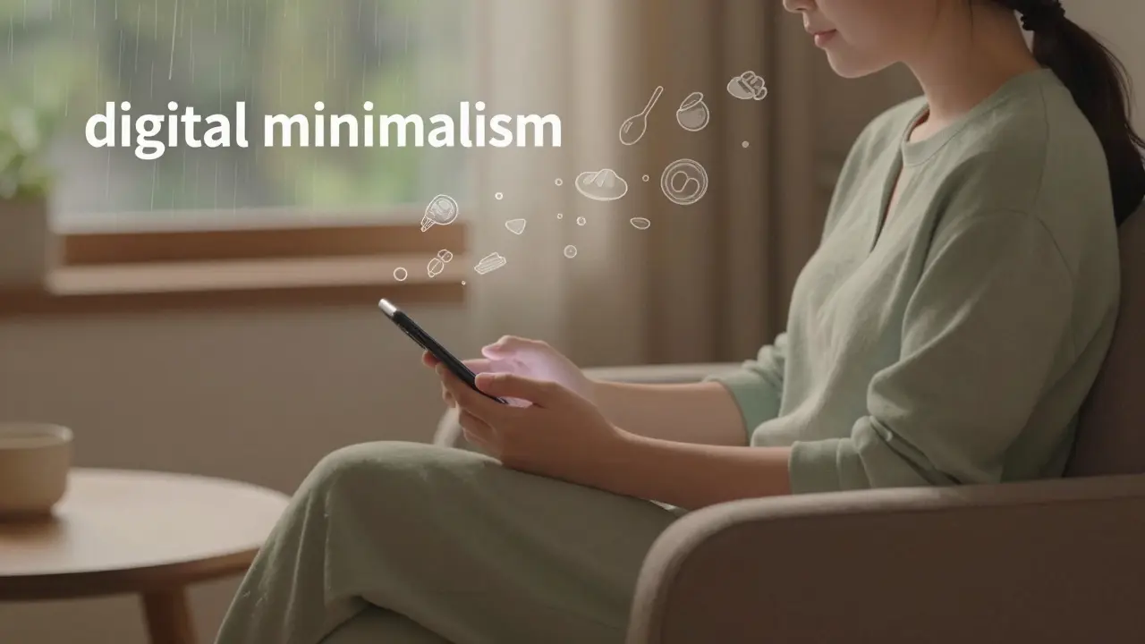 Person relaxing with phone down, surrounded by sensory awareness elements