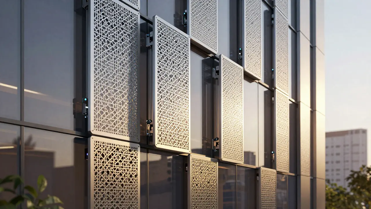 Smart building facade with moving aluminum screens adjusting to sunlight