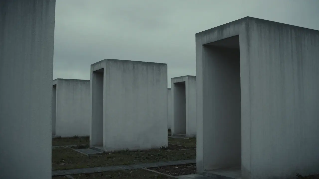 Stark white concrete structures at Aldo Rossi's San Cataldo Cemetery.